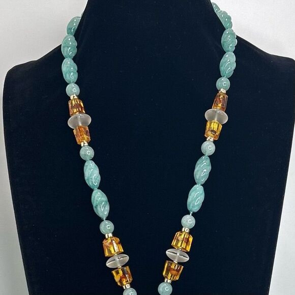 Jadeite Gemstones Tassel Necklace 12" Blue Gold-tone Chinese Zodiac Medallion - Picture 6 of 14